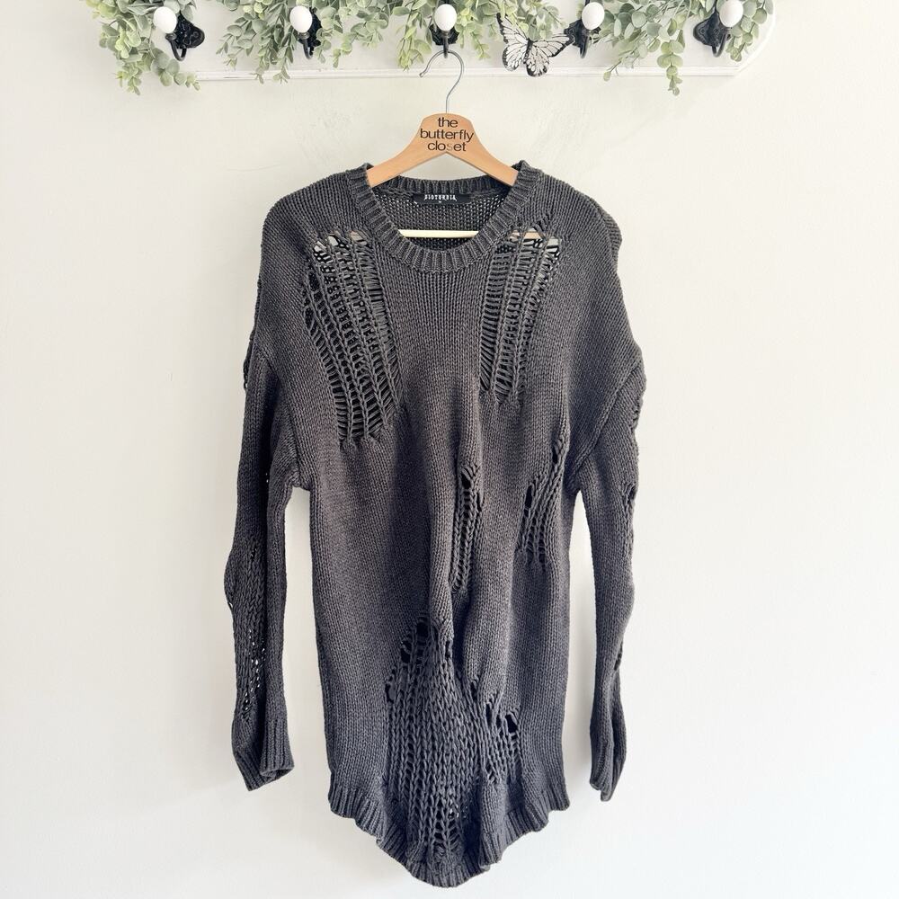 Disturbia Grey Chewed Distressed Grunge Sweater Medium Goth U5269